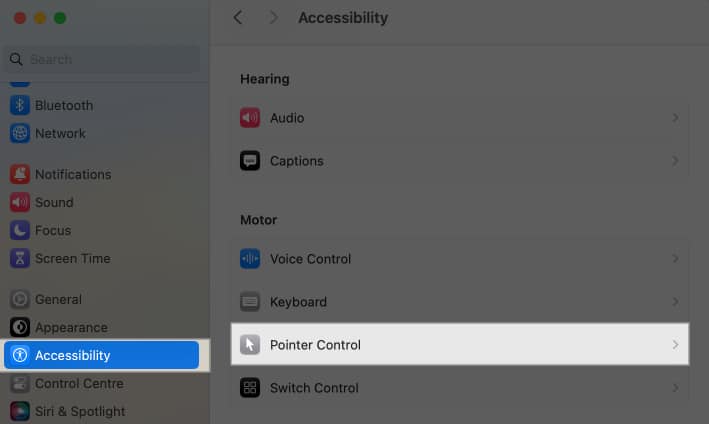 Pointer Control option under MacBook accessibility settings