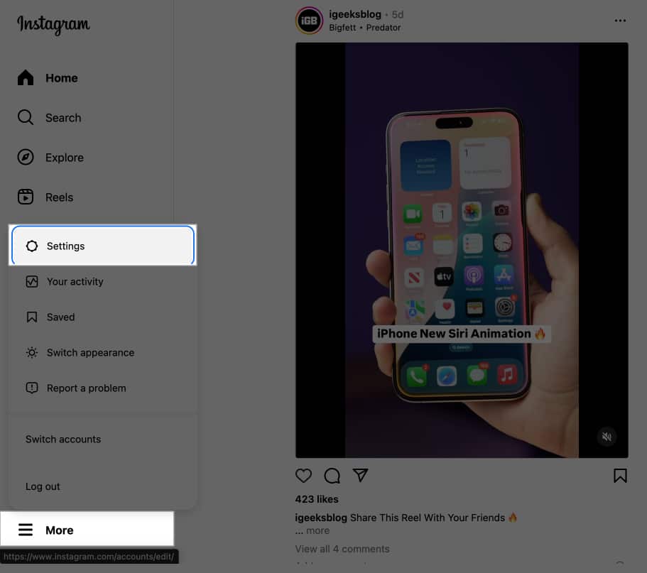 Setting option on the Instagram website on the desktop