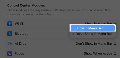 Select Show in Menu Bar from Bluetooth dropdown menu