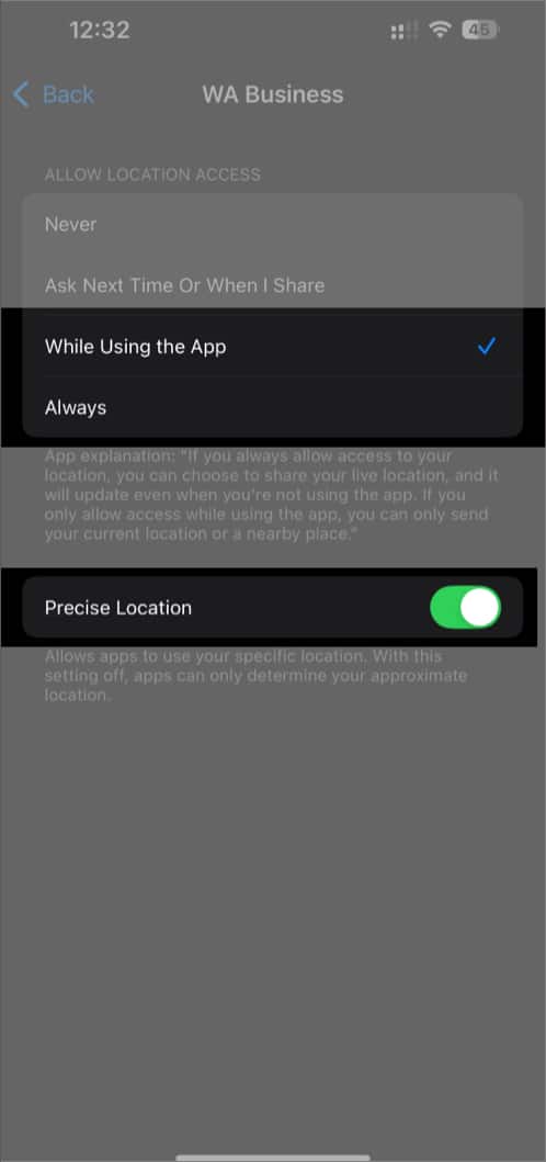 Precise Location toggle for WhatsApp Business app on an iPhone