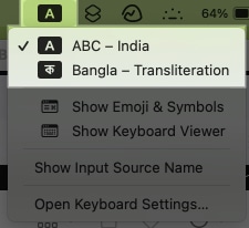 Input menu in macOS menu bar to select keyboard layout
