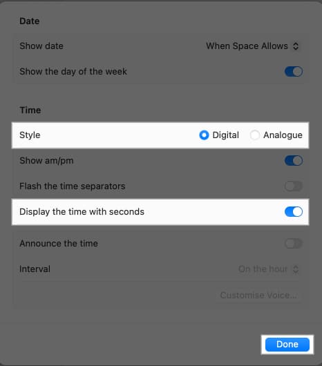 Select clock style and toggle on Display the time with seconds and Done