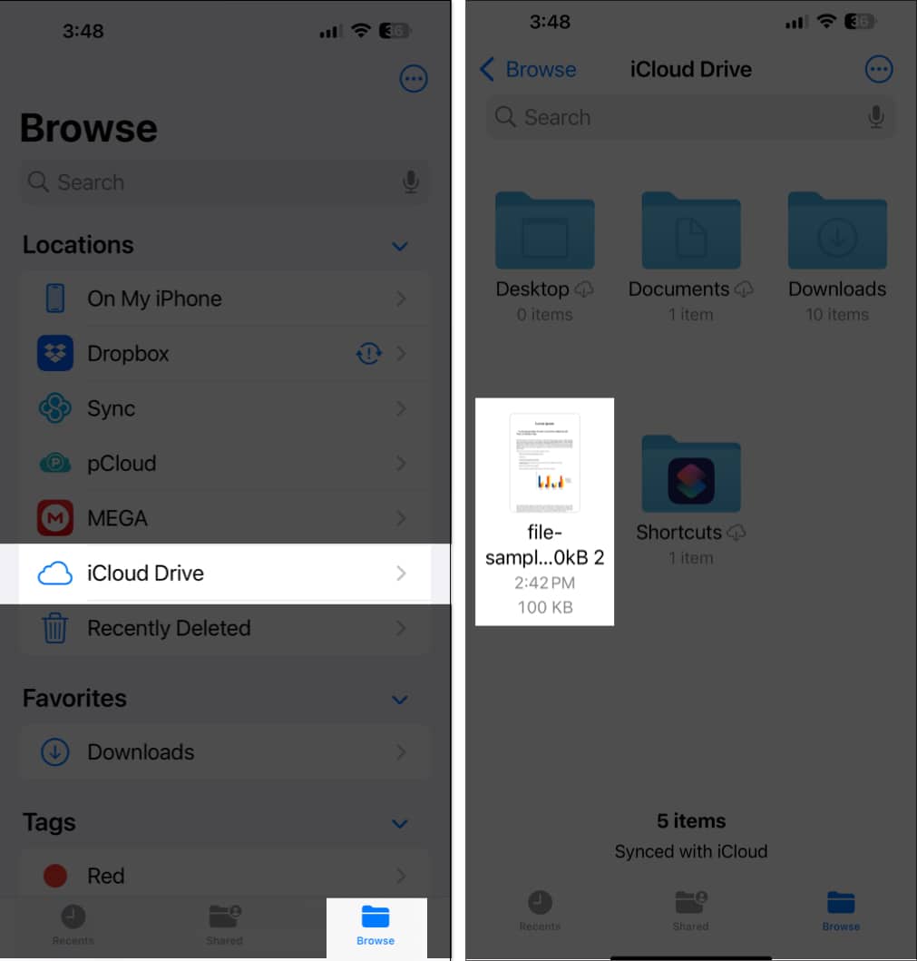 Accessing Safari downloads under iCloud Drive in the Files app on an iPhone