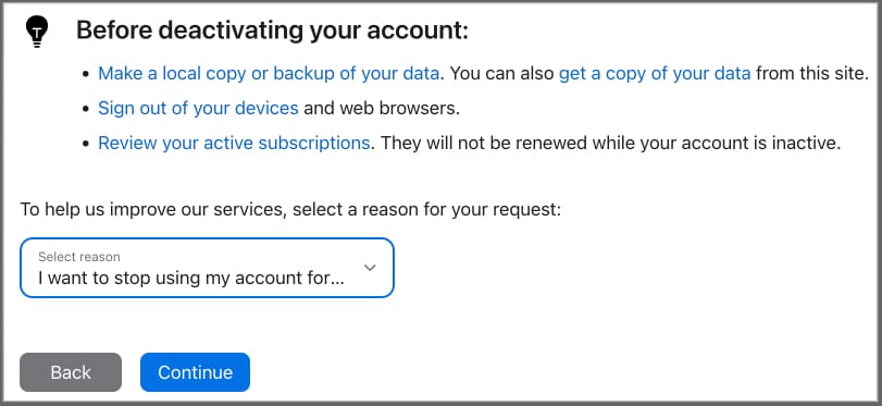 Selecting a reason for deactivating the Apple account