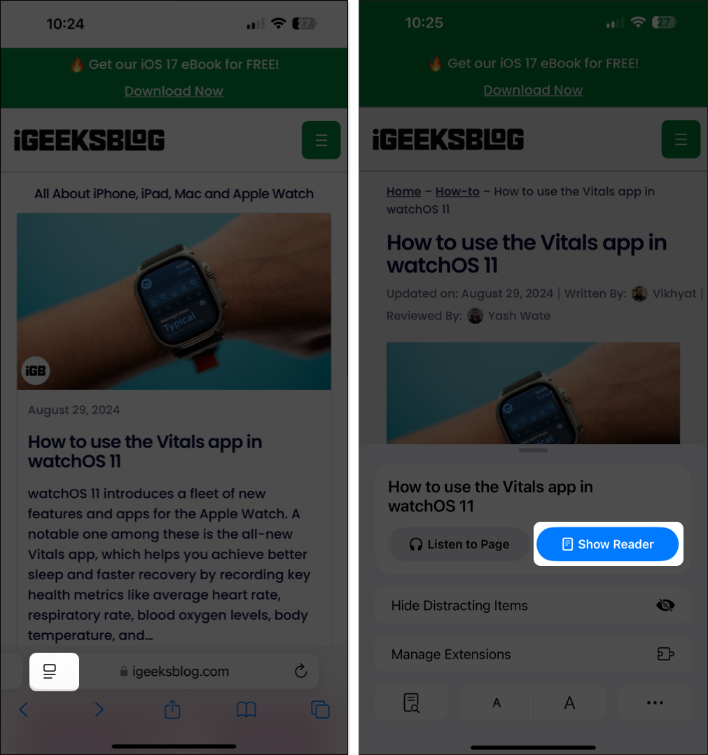 iOS 18-də Safari ünvan çubuğunda Reader düyməsini göstərin