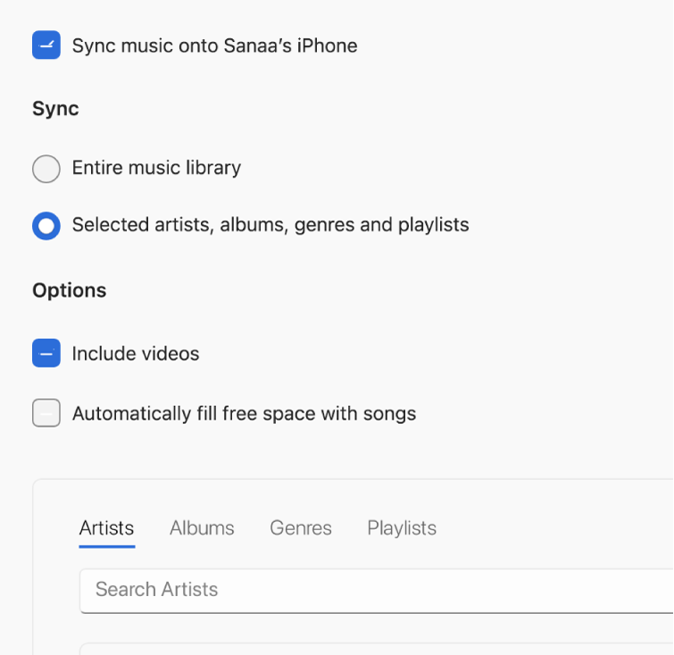 Sync options for music and video in the Apple Devices app