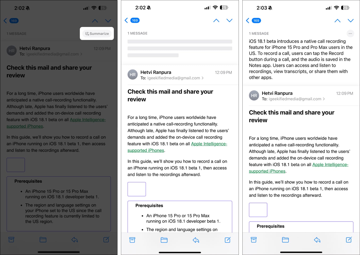 Apple Intelligence Summarize feature summarizing an email in the Mail app on an iPhone