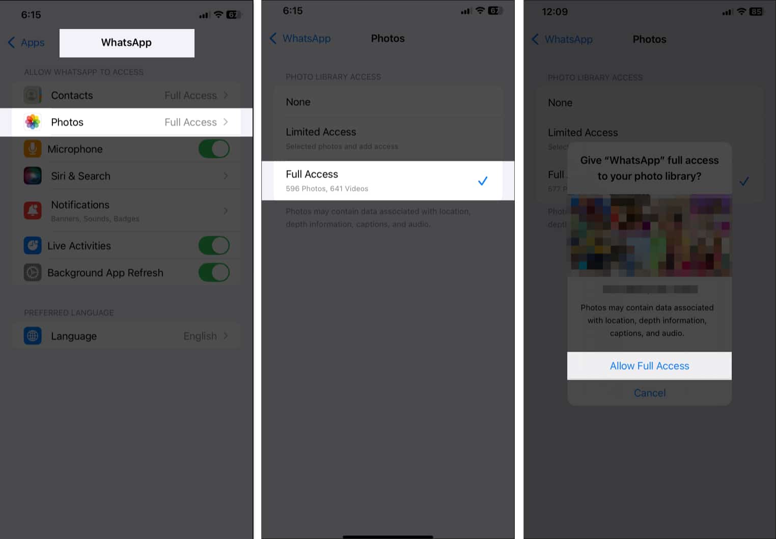 Allowing WhatsApp access to the Photos app on an iPhone