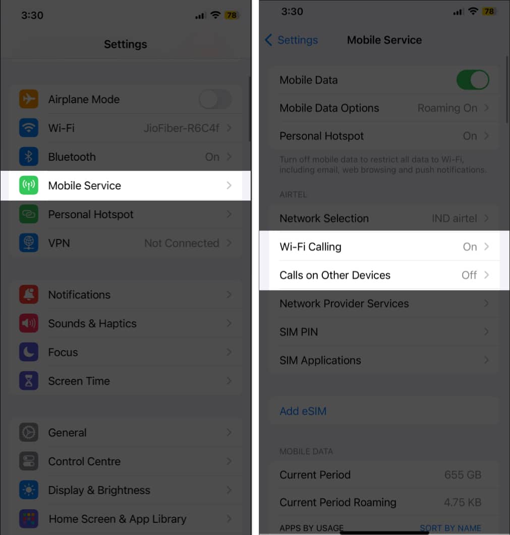 Tap on Calls on Other Devices in Mobile Service settings on iPhone