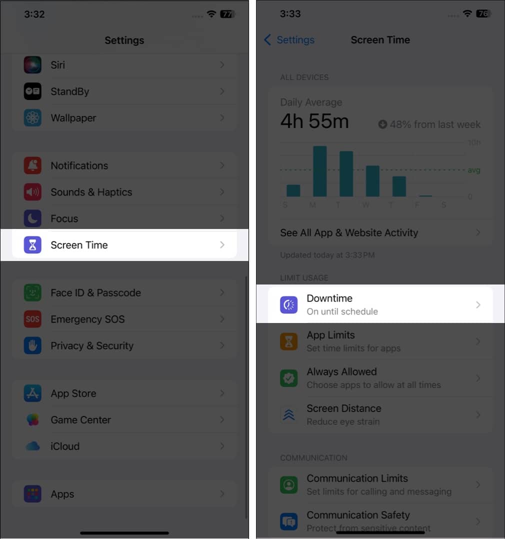 Tap on Downtime in iPhone Screen Time settings