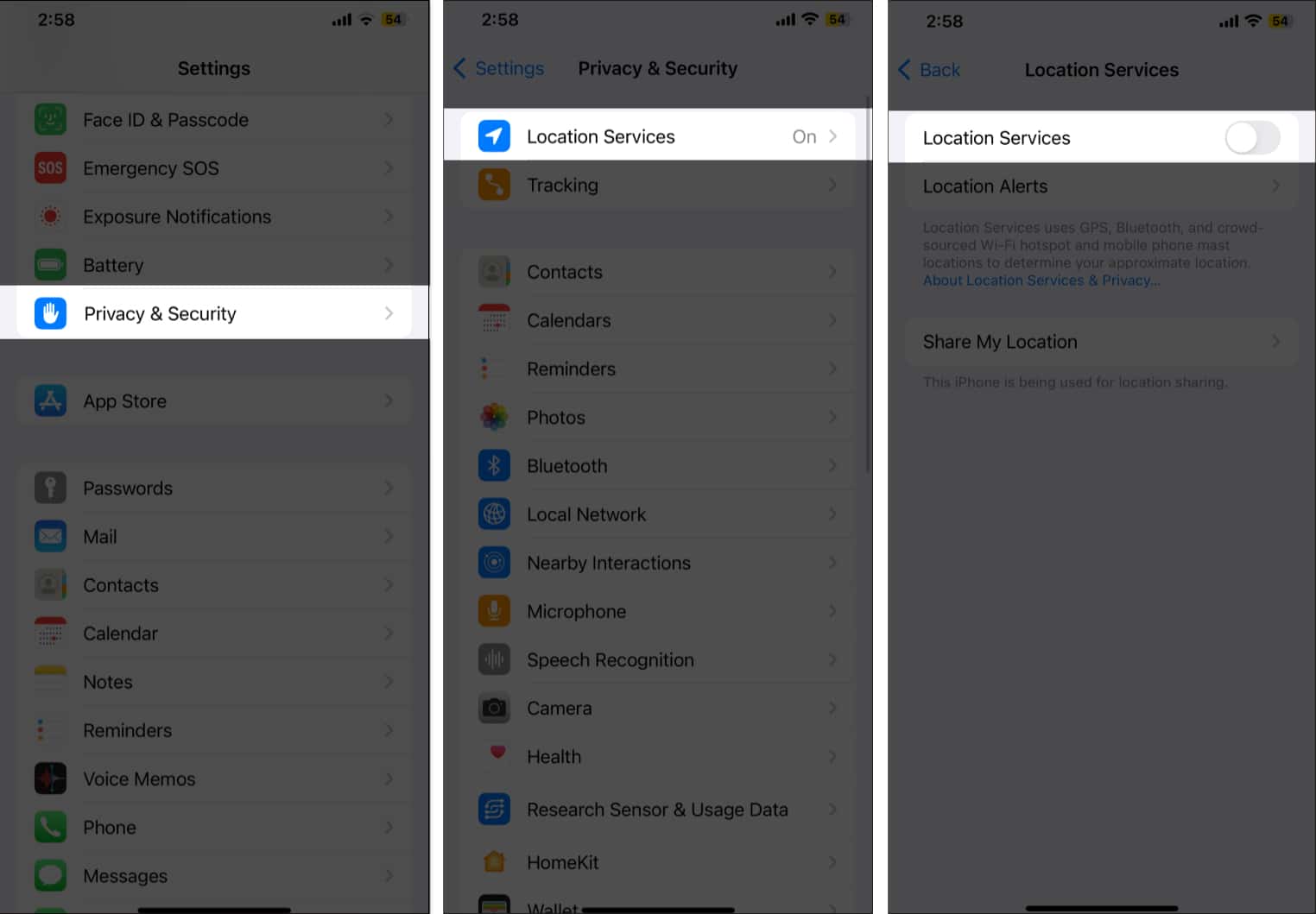 Location Services toggle under Privacy and Security settings in the iOS Settings app