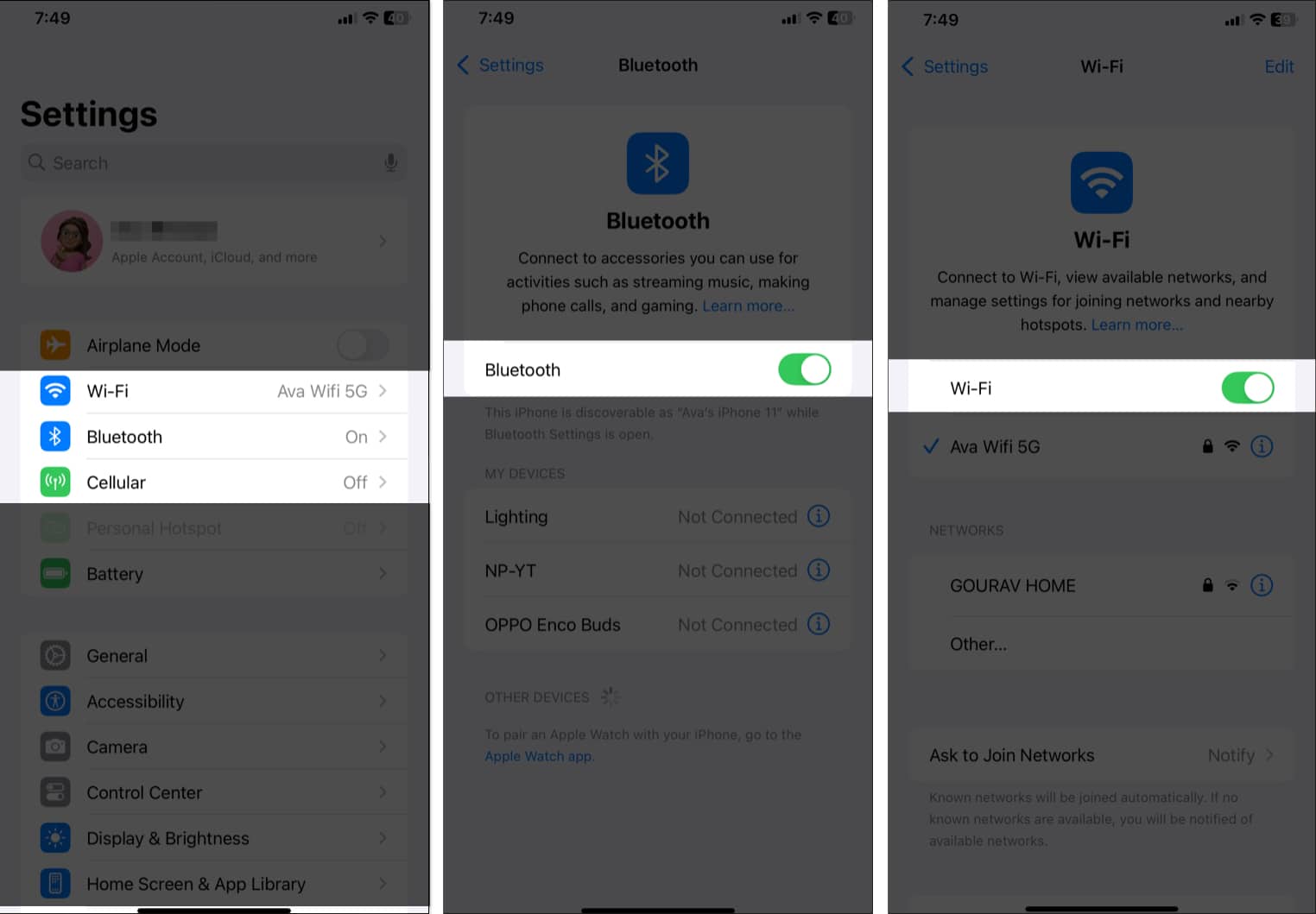 Toggles for Wi Fi Bluetooth and Cellular data in iPhone Settings app