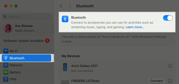 Toggled on Bluetooth option in System Settings on a MacBook