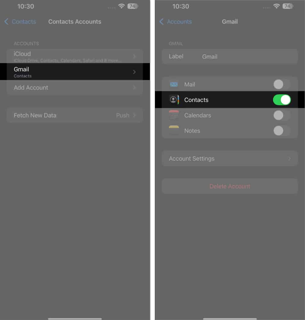 Toggling on the Contacts option for a Google account on an iPhone