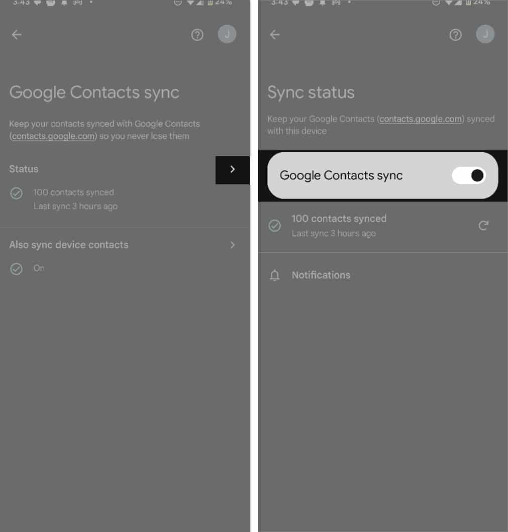 Toggle on Google Contacts sync toggle in the Contacts app