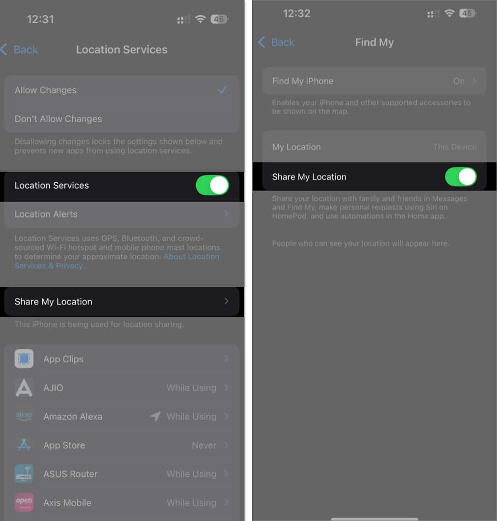 Share My Location toggle under Location Services settings in iOS Settings