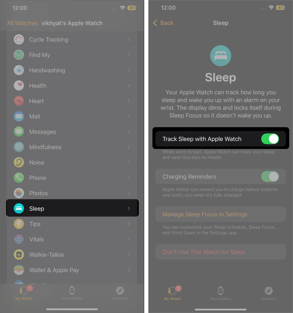 Toggling on the Track Sleep with Apple Watch feature in the Watch app