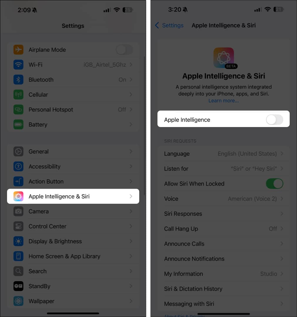 Turning off Apple Intelligence on an iPhone