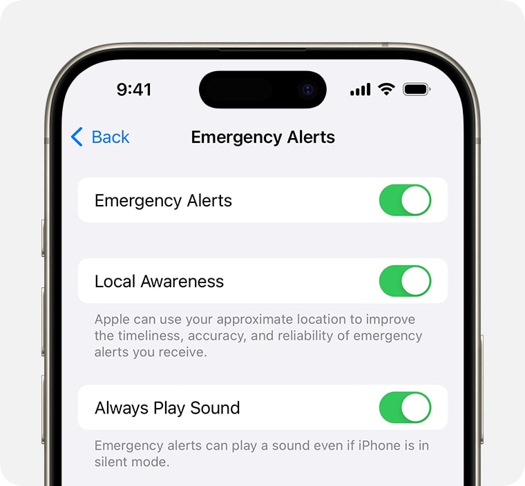 Emergency Alerts notification options