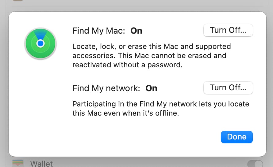 Turn Off button to disable Find My network