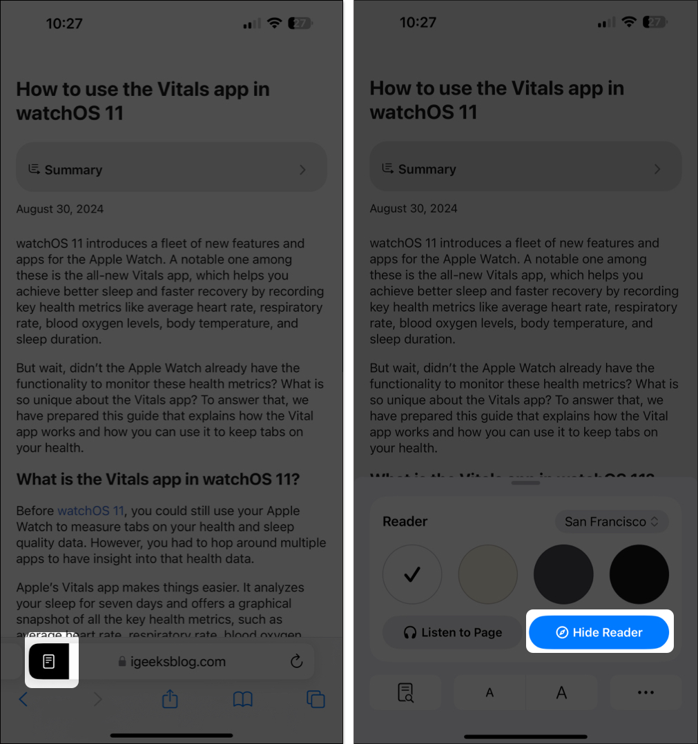 Hide Reader button to exit reader view in Safari on an iPhone