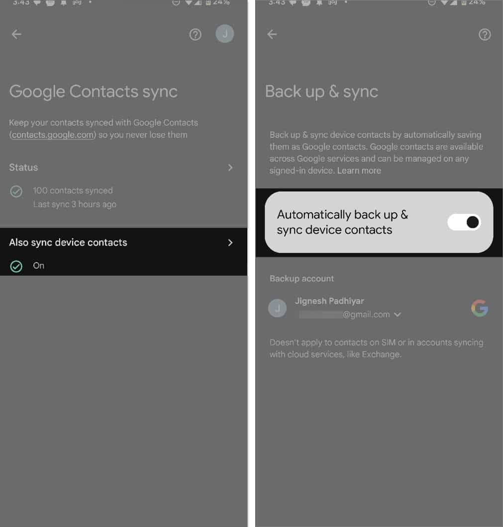 Enabling the auto sync option in Google Contacts