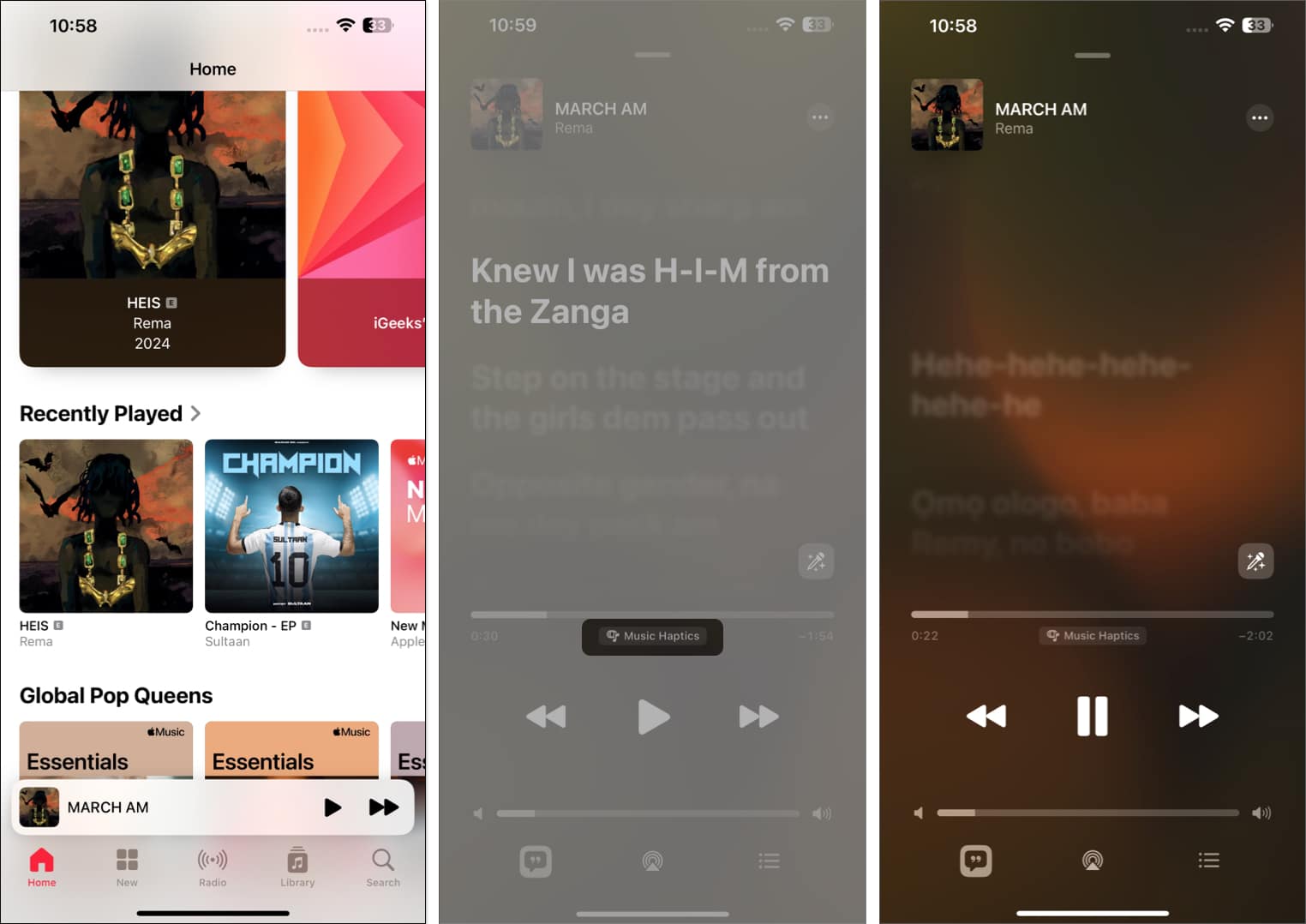 iPhone-da Apple Music proqramında İndi Oynanan ekranda Music Haptics seçimi