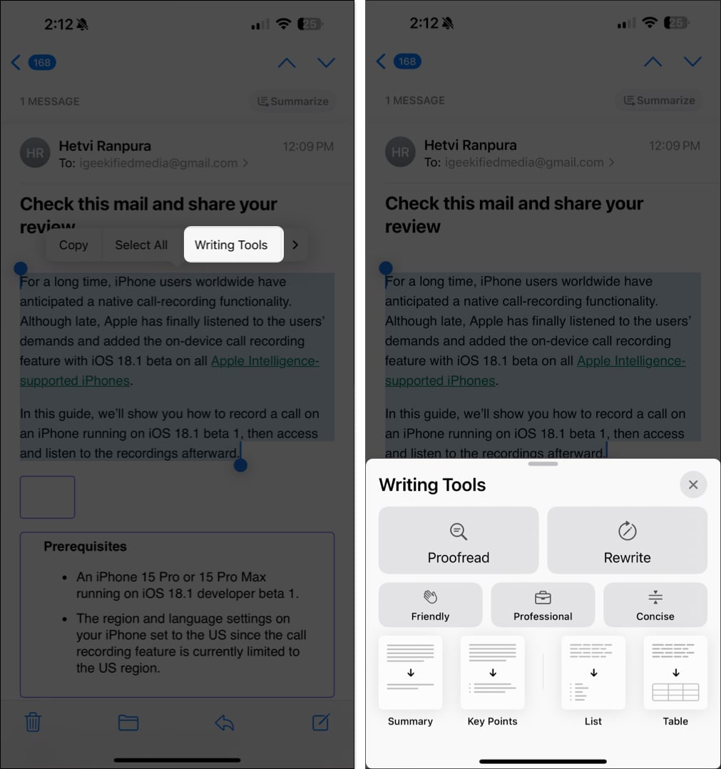 Apple Intelligence writing tools in the iPhone Mail app