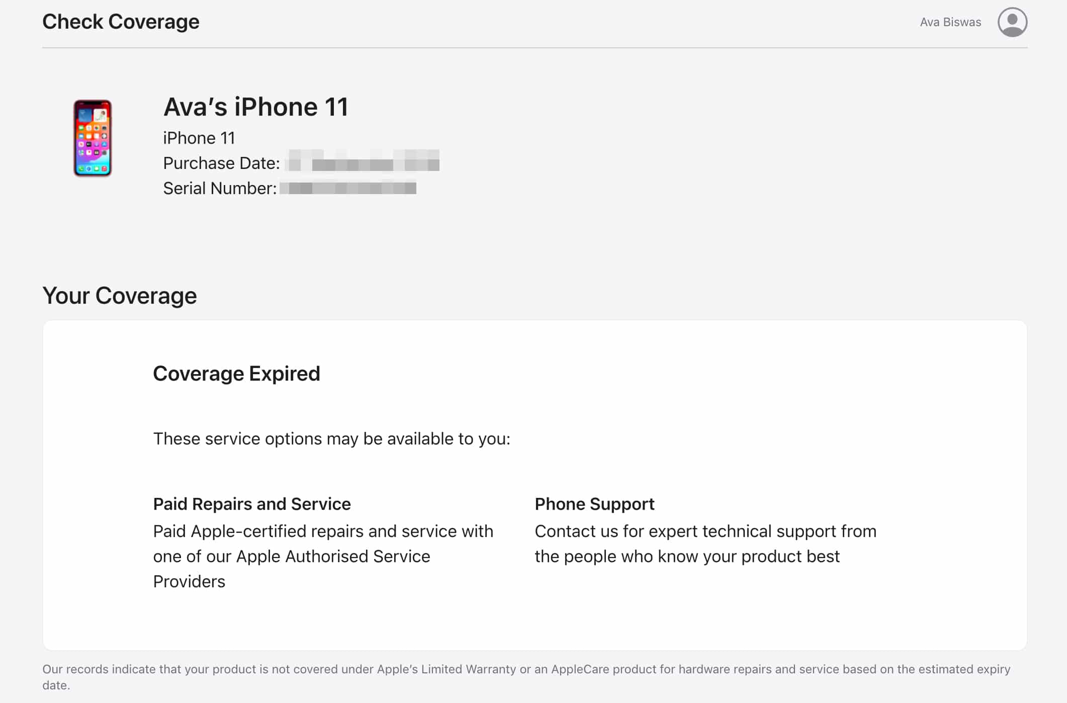 Warranty status for an iPhone on Apple's Check Coverage website.