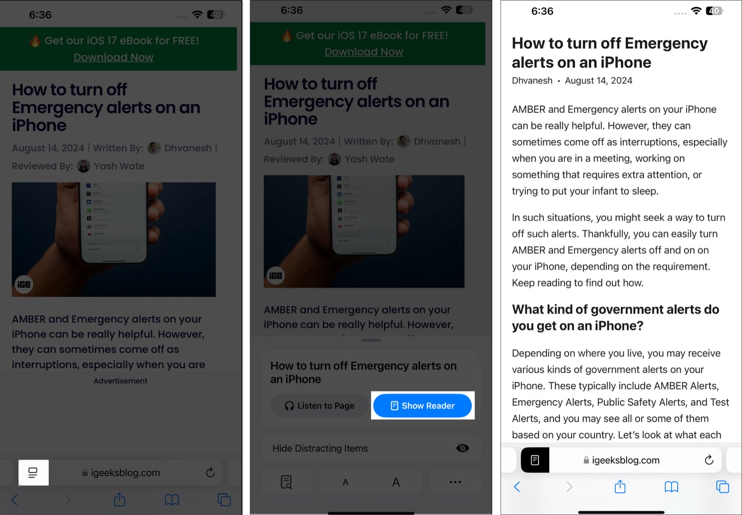 Turn on reader mode in safari in iOS 18