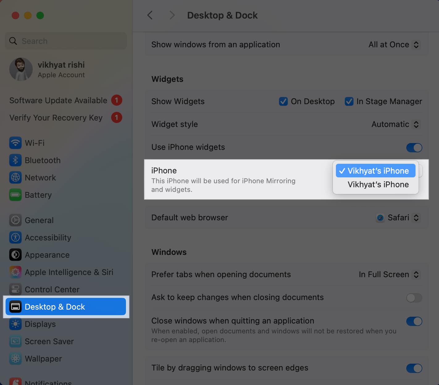 Check if correct iPhone is selected for iPhone mirroring