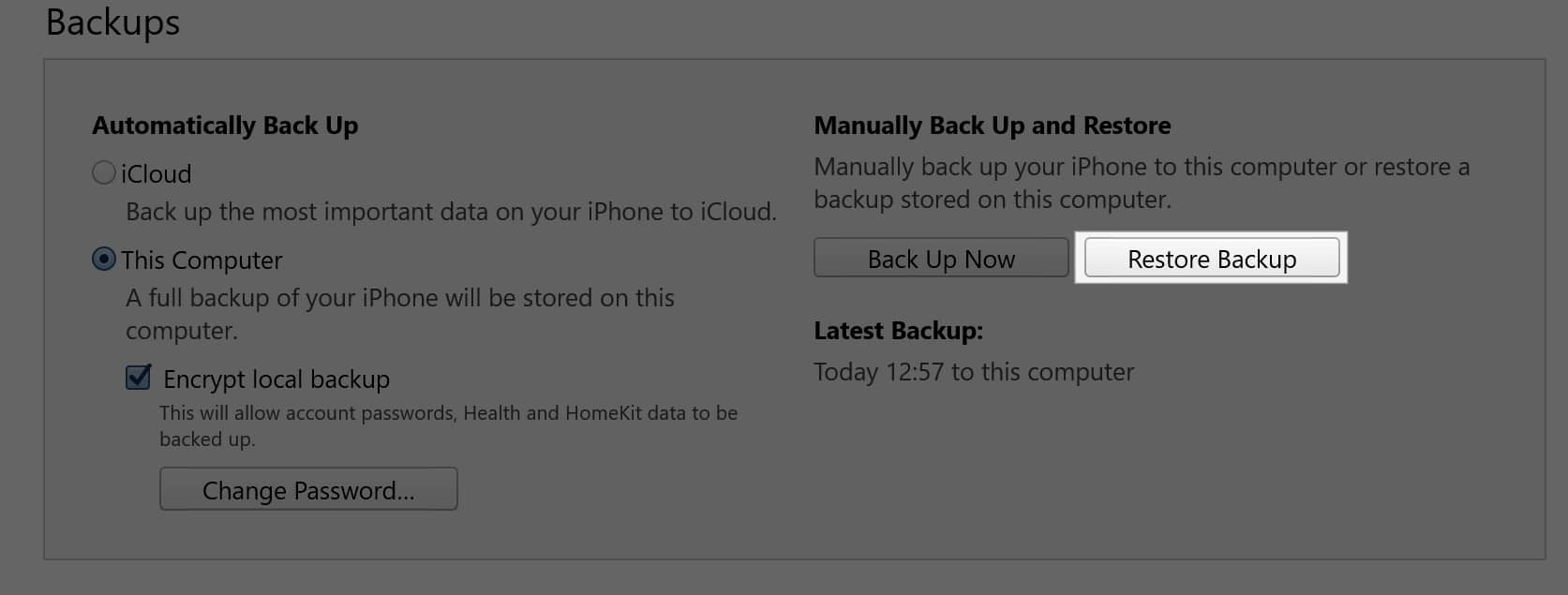 Restore Backup option