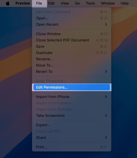 Edit Permissions option in the file menu of Preview app on a Mac