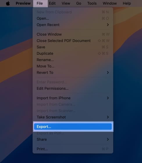 Export option in the Preview menu bar on a Mac