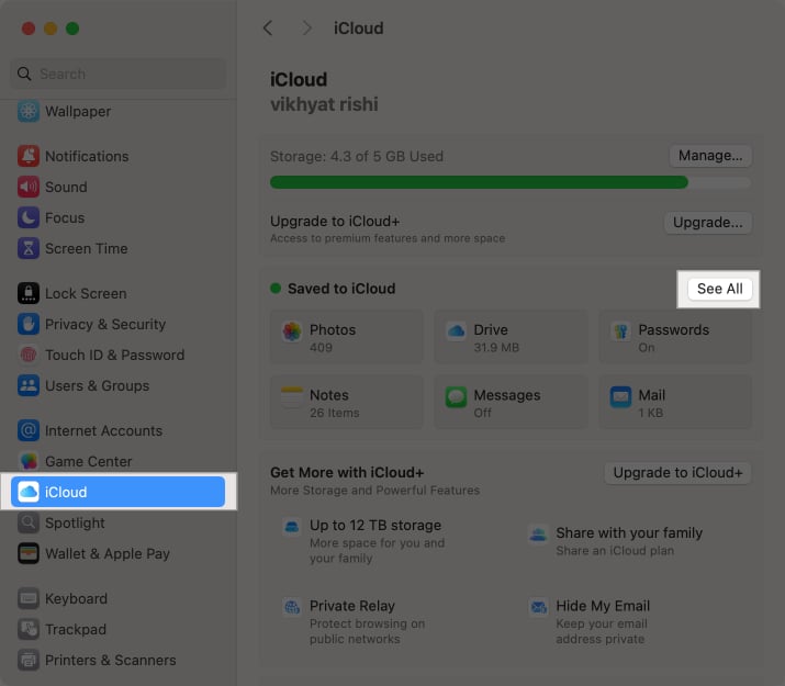 Click on See All in iCloud settings on Mac