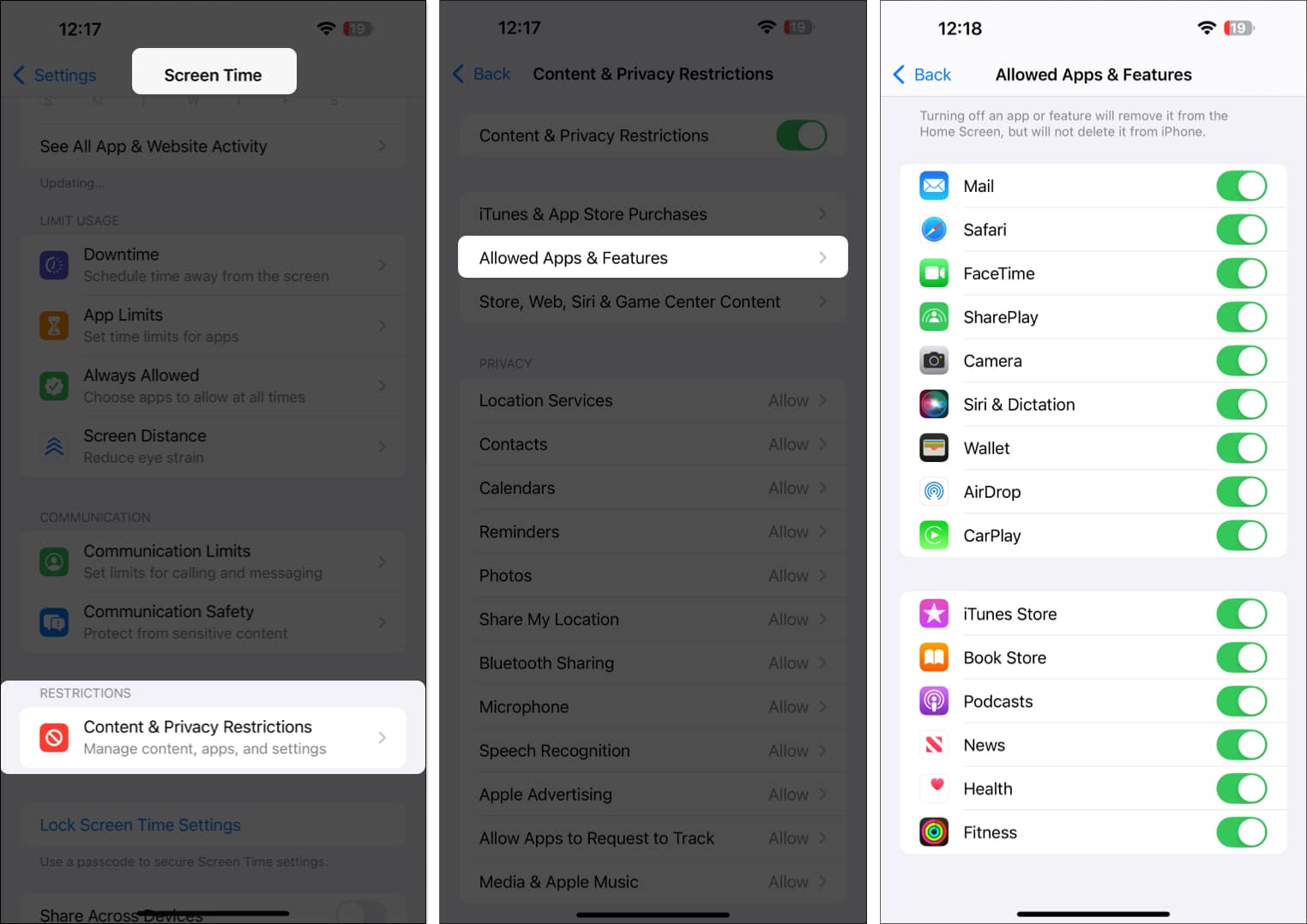 Checking Content Privacy Restrictions settings for various apps on an iPhone