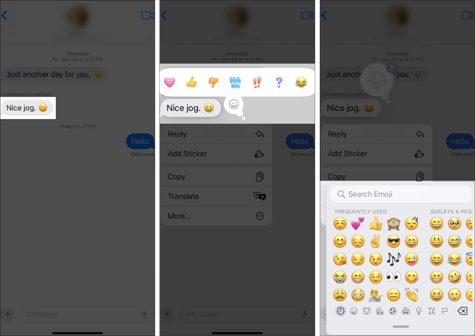 Válassza ki a tapback reakcióként használandó hangulatjelet az iOS Messages alkalmazásban