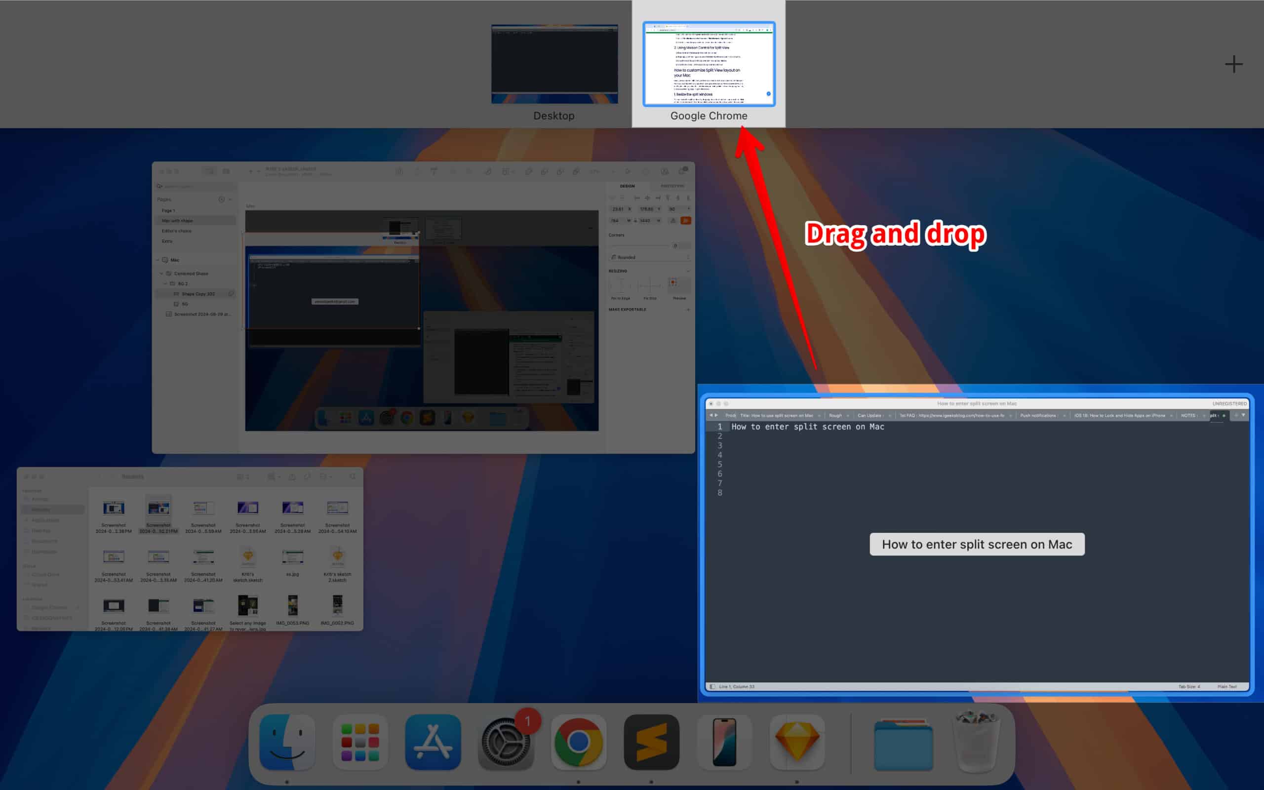 Dragging and dropping second app over first app in Mission Control to open them in Split View