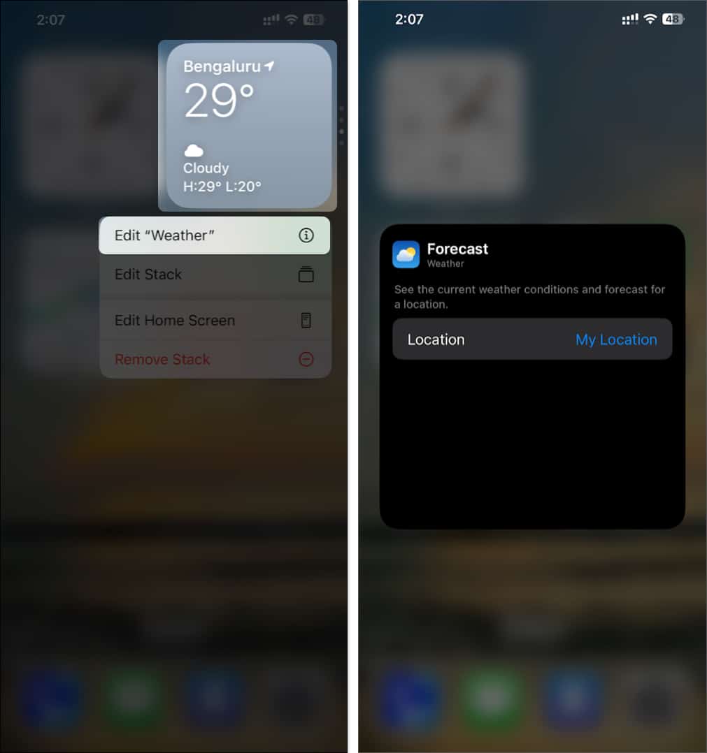 Editing a widget on the iPhone Home Screen