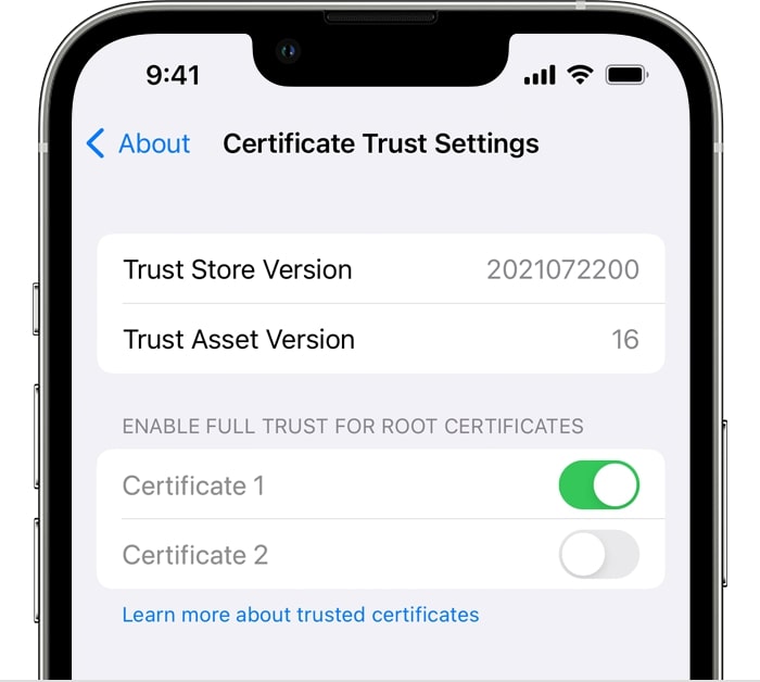 Att lita på ett certifikat manuellt i iPhone-inställningar