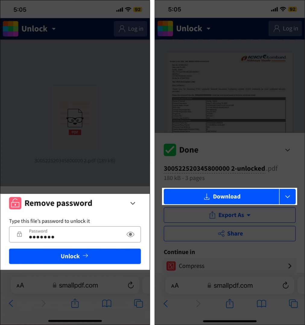 Removing a PDF's password on the SmallPDF website and downloading unlocked PDF on an iPhone.