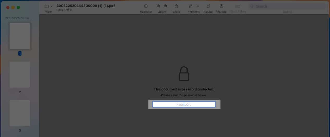 Entering password for a locked PDF document in the Preview app on a Mac