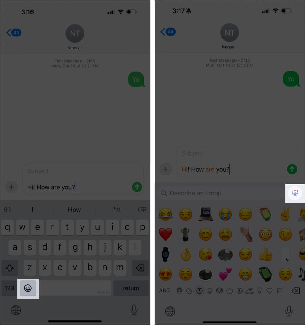 Genmoji-knapp i Messages-appen på iPhone