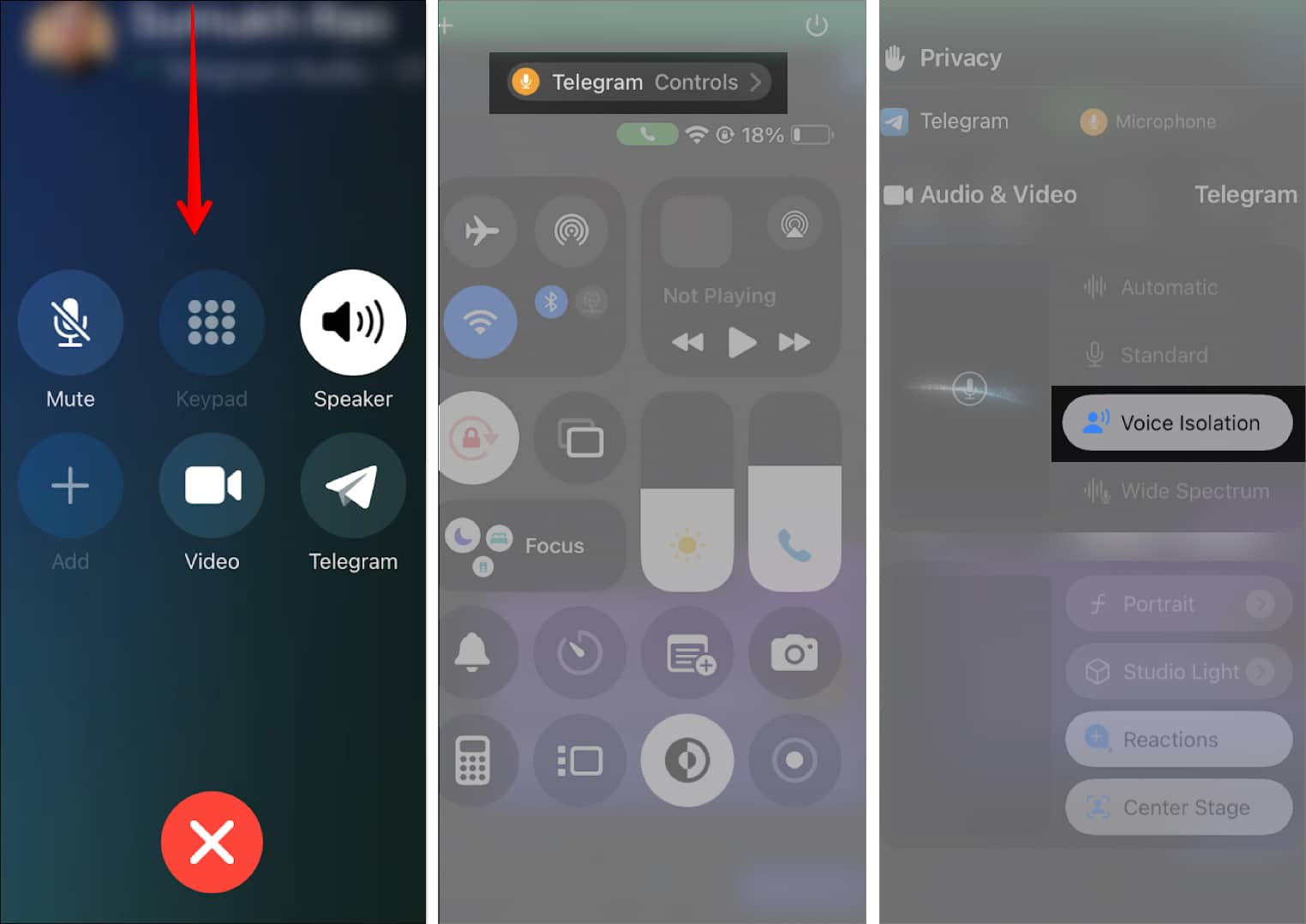 Enabling the Voice Isolation option in the Control Center to remove background noise on a call