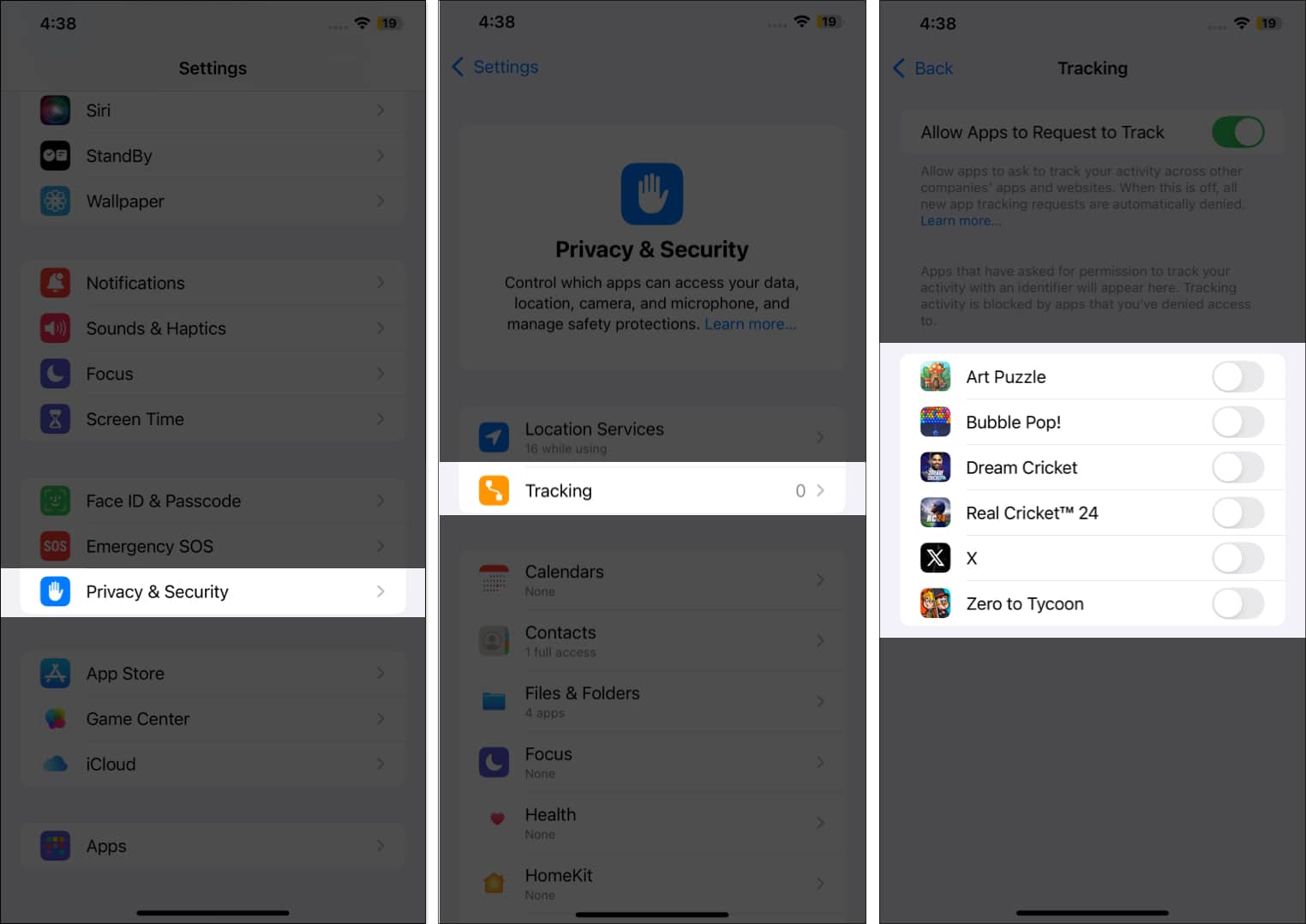 Open Tracking in Privacy and Security settings and toggle off apps