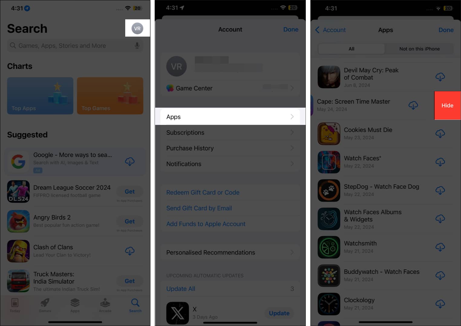 Open profile in App Store and select Apps and Hide