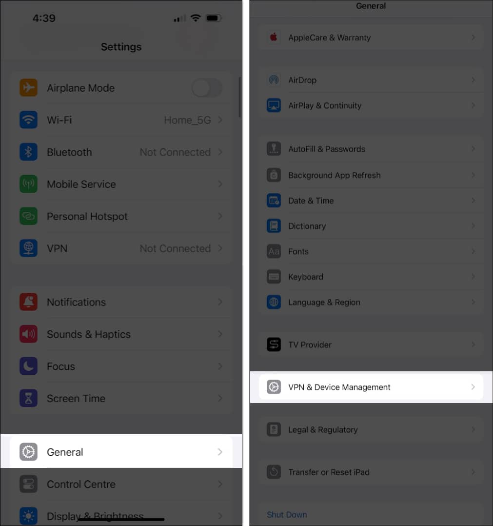 Få åtkomst till VPN-enhetshanteringsinställningar i iPhone Settings-appen