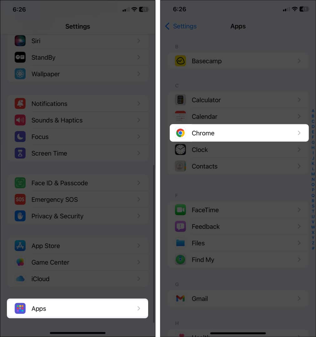 Åtkomst till Chrome-inställningar i appen iPhone Settings