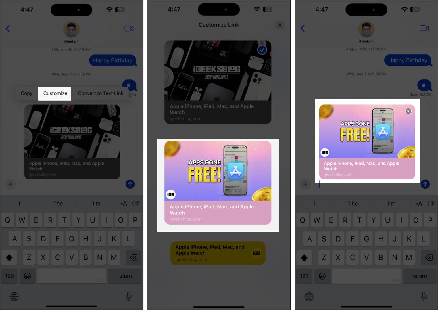 Select Customize option to change preview card in messages app