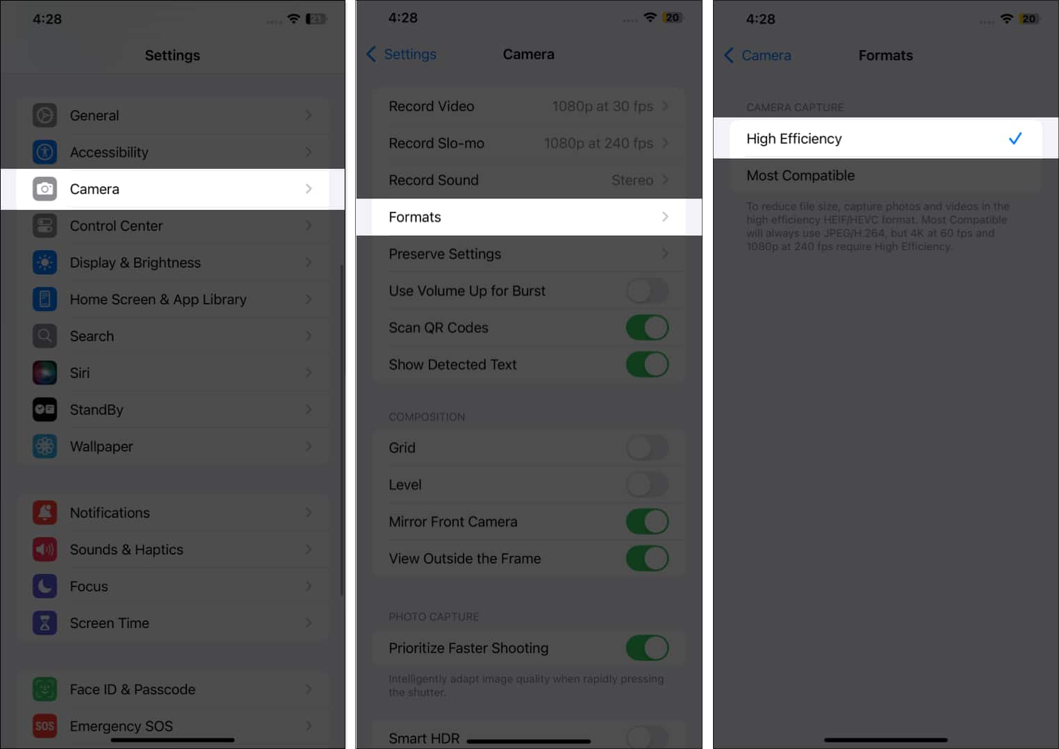 Select High Efficiency in Camera Formats iPhone settings